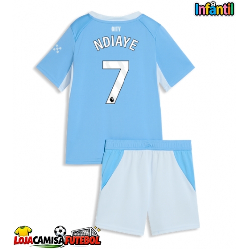 Camisa de Futebol Manchester City Iliman Ndiaye #7 Equipamento Principal Infantil 2026-27 Manga Curta (+ Calças curtas)